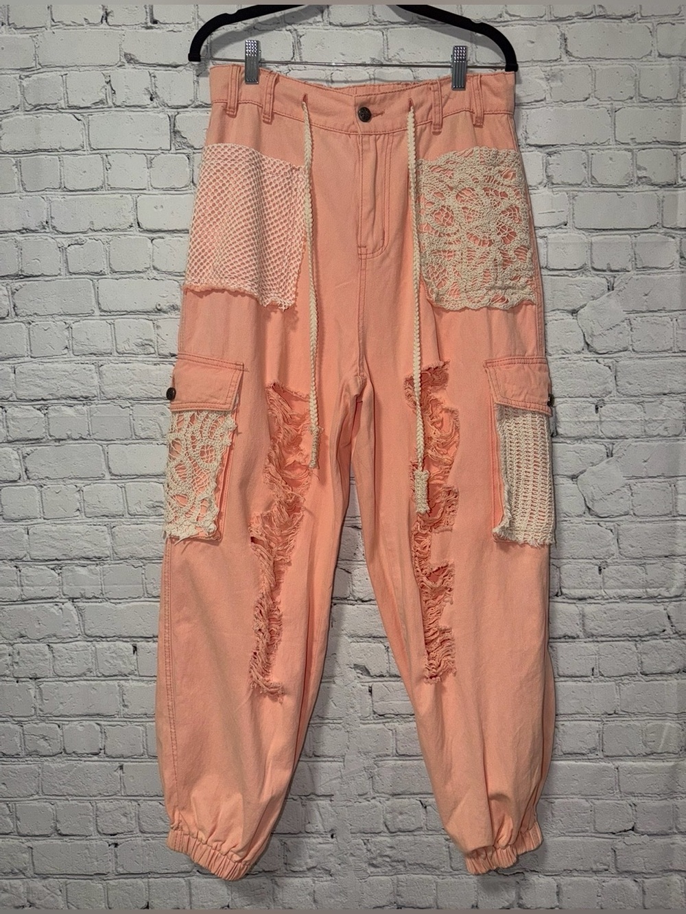 POL Peach Crochet-Patch Cargo Joggers with Distressed Details